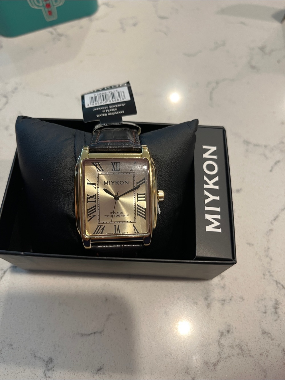 Men's Gold-Tone Rectangular Dress Watch with Brown Strap